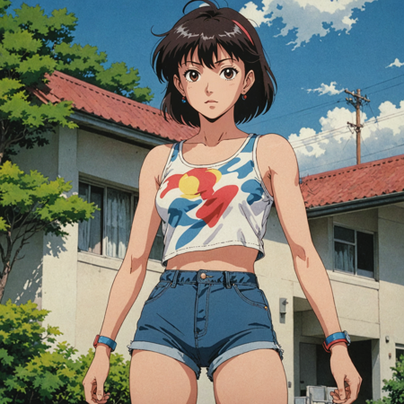 31072113-2084045052-80's anime screencap, girl wearing a cropped top and short shorts, artistic rendition with wide brush strokes, anime comic.png
